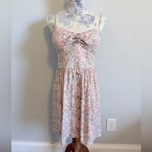 AUW Pink Sage Floral Tie-Front Mini Dress Juniors Size Large Cottagecore Summer